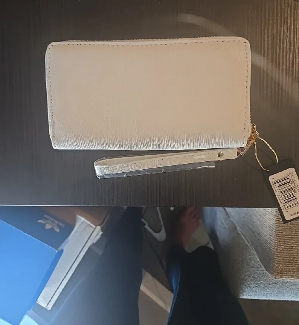 bebe Gianna OffWhite Wristlet Wallet with Gold Logo NWT